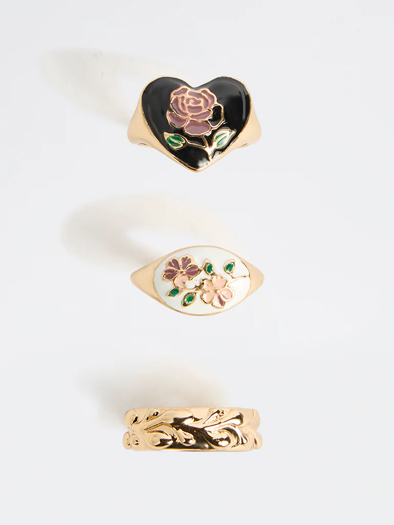 Westside Accessories Multi Color Enamel Charm Rings - Pack of 3