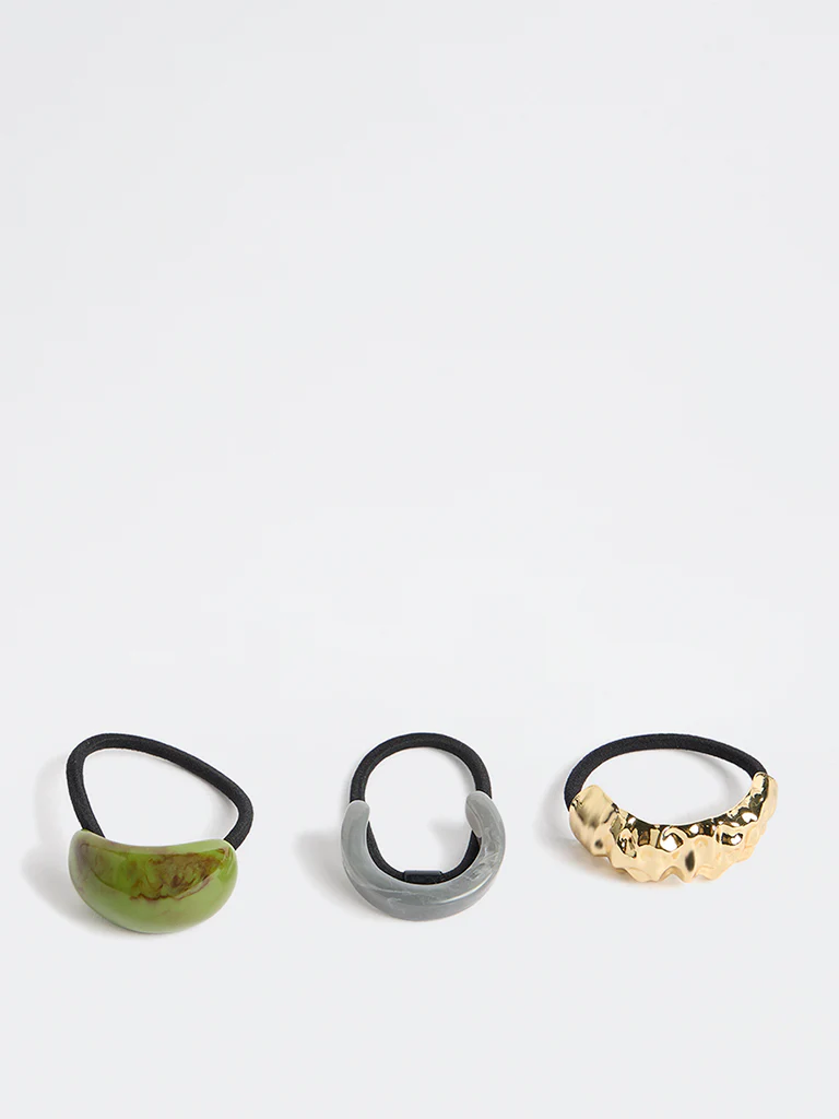 Westside Accessories Multicolour Acrylic & Crunched Metallic Hair Ties - Pack of 3