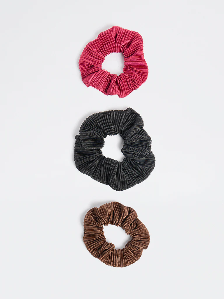 Westside Accessories Multicolour Ruffled Scrunchies - Pack of 3