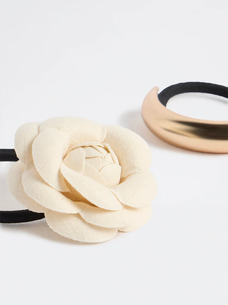 Westside Accessories Off-White Floral and Gold Metallic Scrunchie - Pack of 2 - Image 3
