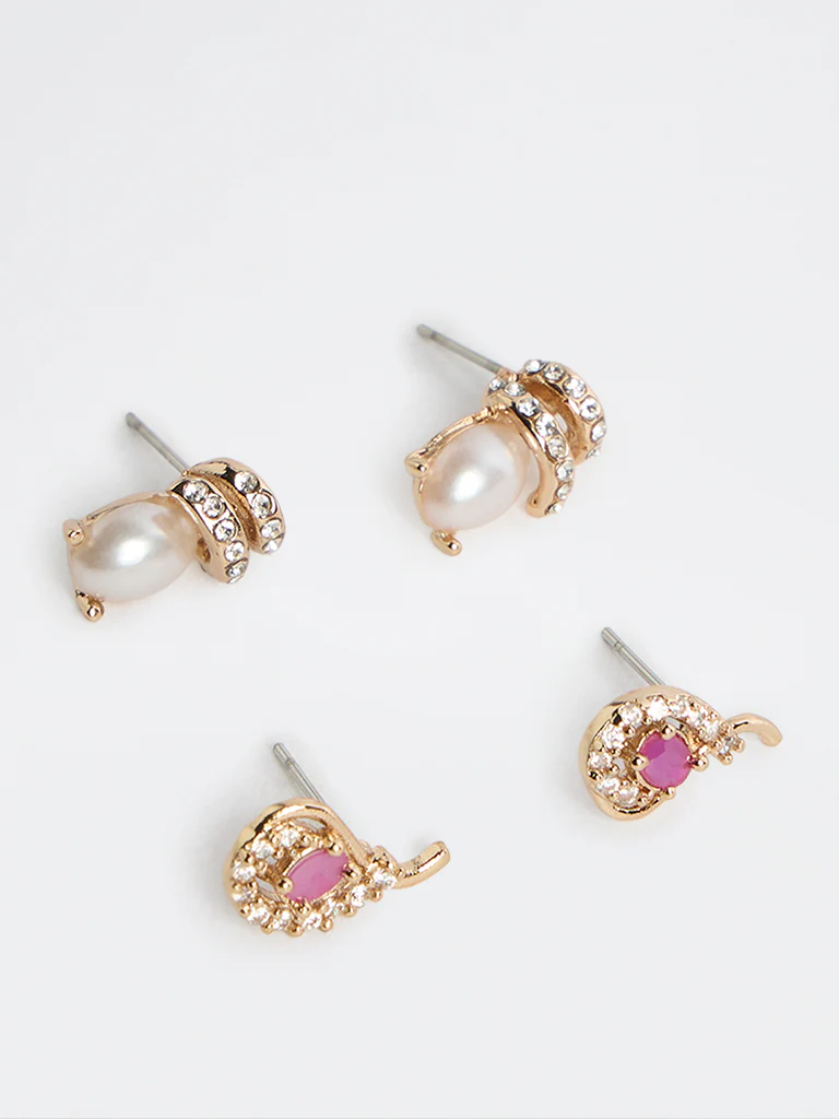 Westside Accessories Pink and White Stone and Pearl Embellished Earrings - Pack of 2 - Image 2