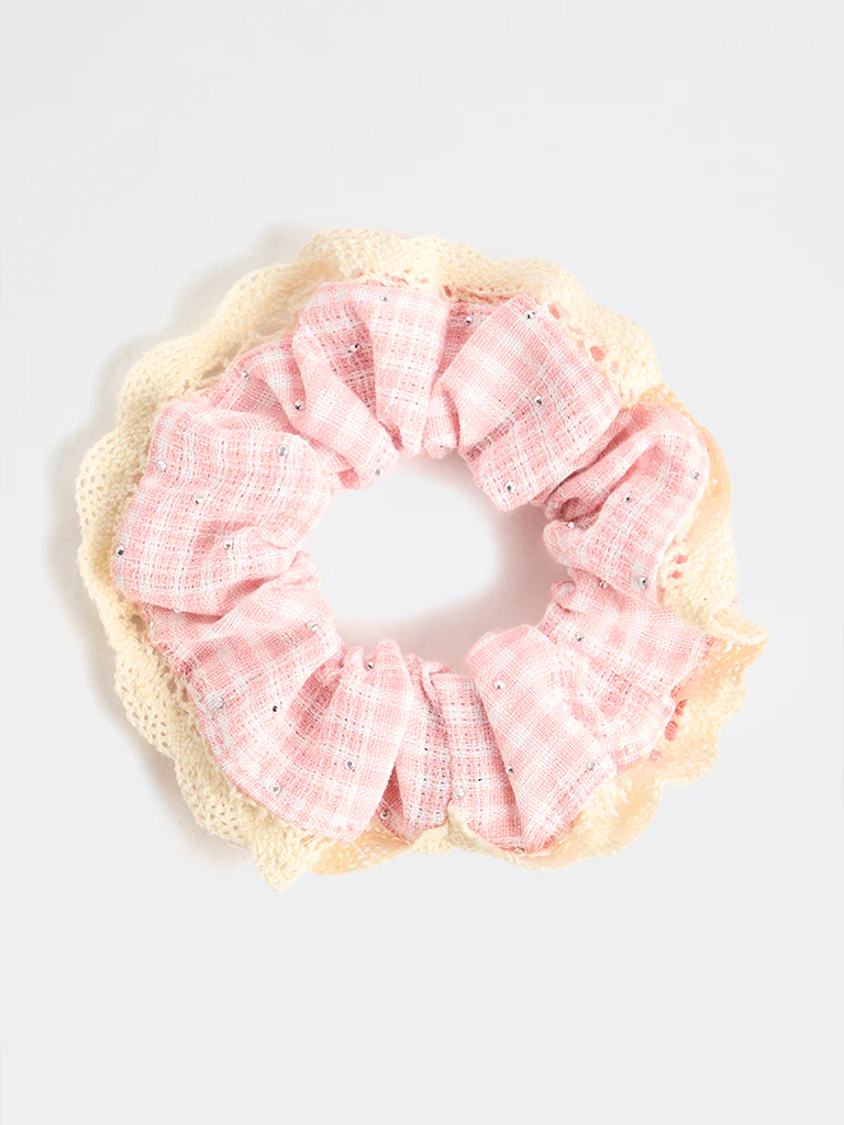 Westside Accessories Pink Checkered Lace-Trim Scrunchie