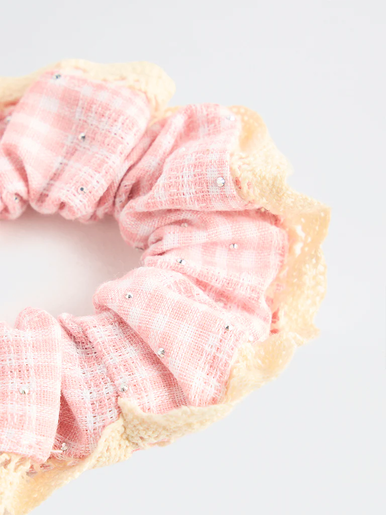 Westside Accessories Pink Checkered Lace-Trim Scrunchie - Image 3