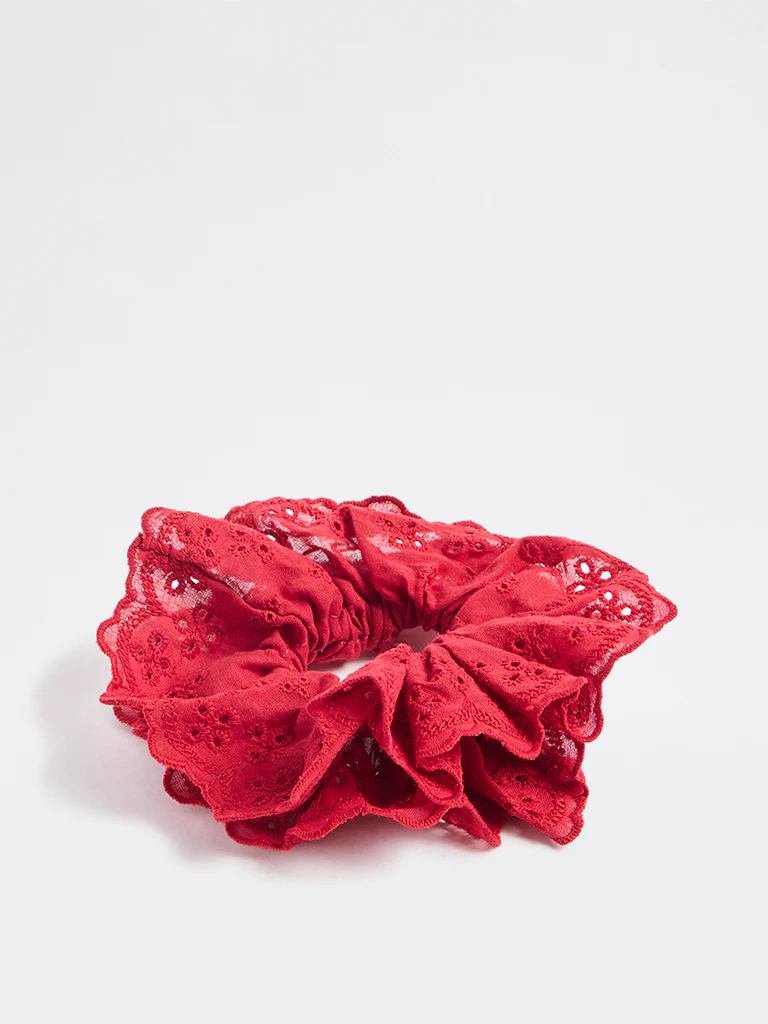 Westside Accessories Red Floral Schiffli Hair Scrunchie - Image 2