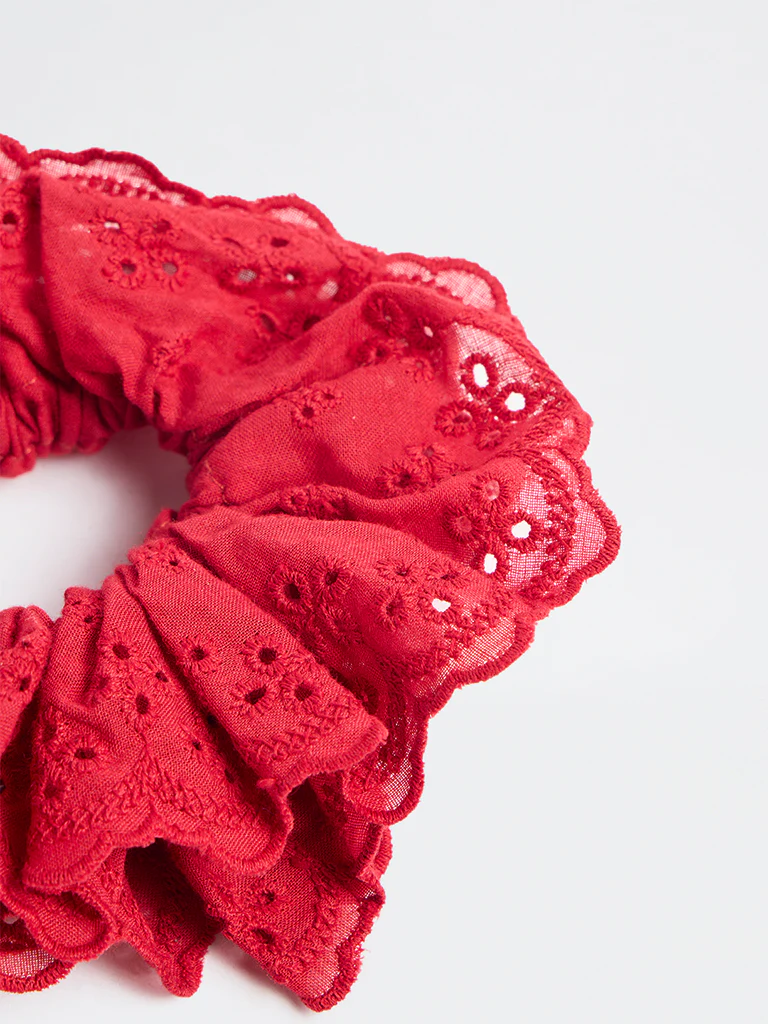 Westside Accessories Red Floral Schiffli Hair Scrunchie - Image 3