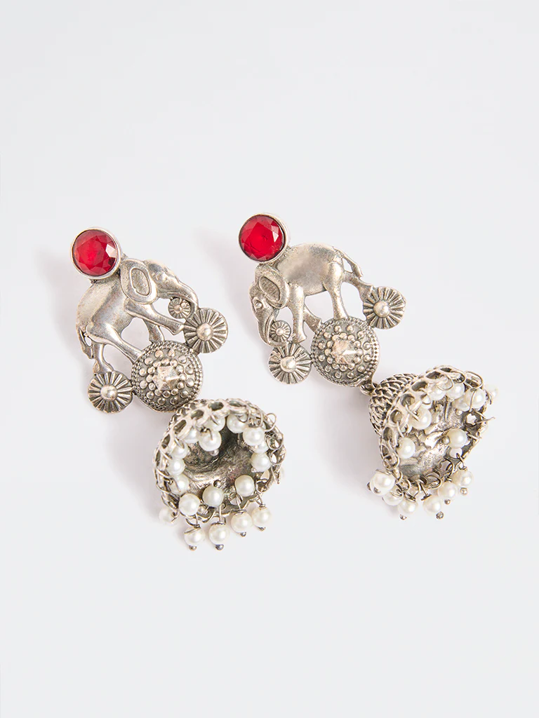 Westside Accessories Silver Oxidised Jhumki Earrings - Image 3