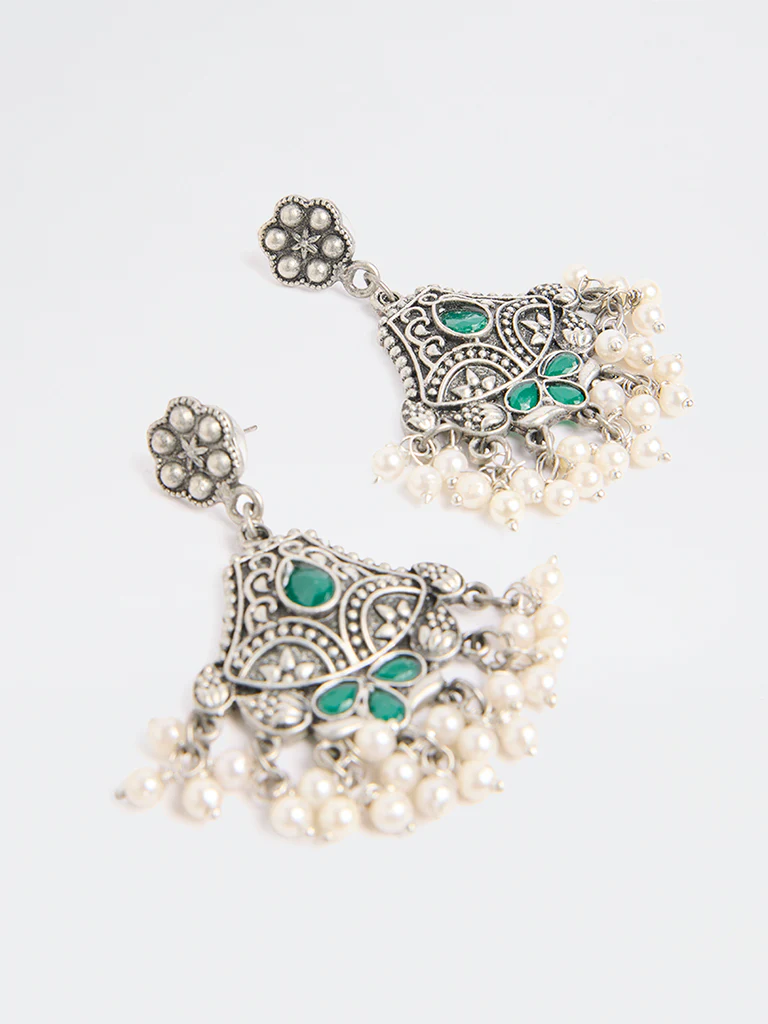 Westside Accessories Silver Oxidised Pearl Jhumki Earrings - Image 3