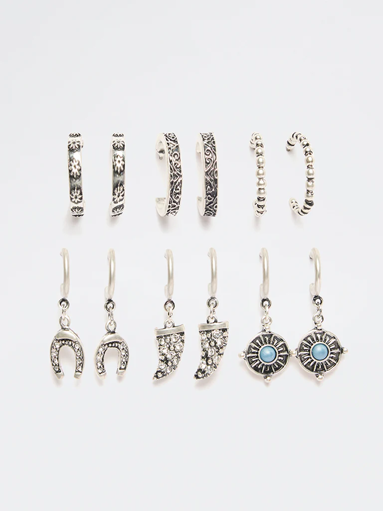 Westside Accessories Silver Oxidised Stud and Hoop Earrings - Pack of 6