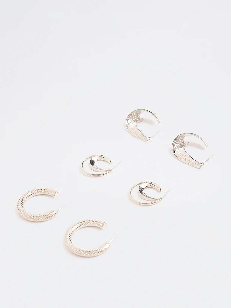 Westside Accessories Silver Textured Hoop Earrings (Pack of 3) - Image 2