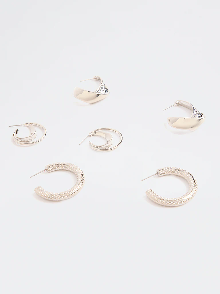 Westside Accessories Silver Textured Hoop Earrings (Pack of 3) - Image 3
