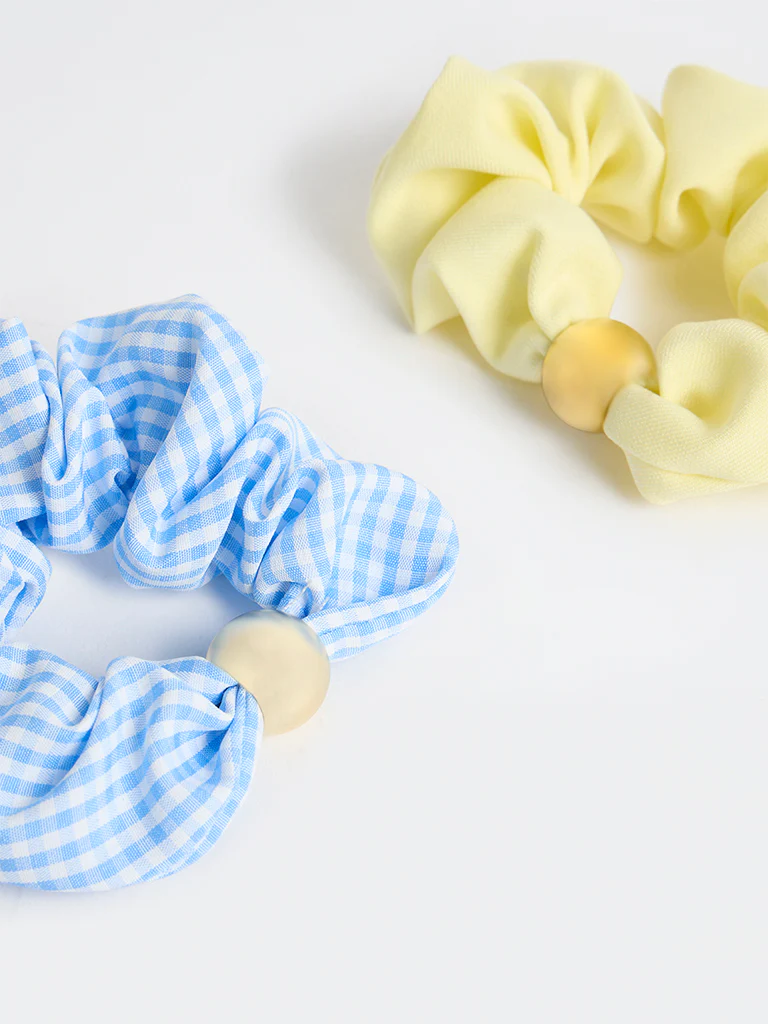 Westside Accessories Yellow and Blue Checkered Scrunchies - Pack of 2 - Image 3