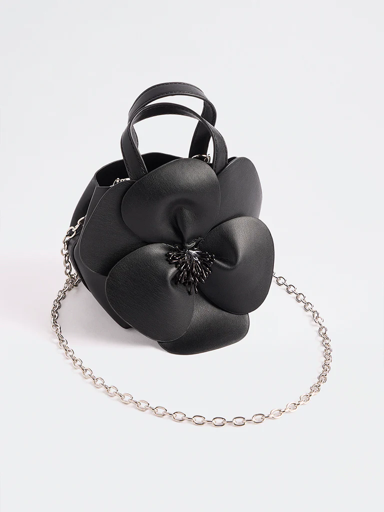 Westside Black Floral Embellished Handbag with a Pouch - Image 2