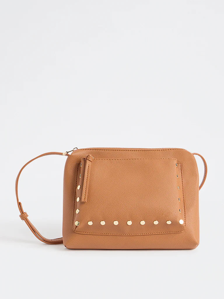 Westside Brown Stud-Detail Textured Sling Bag
