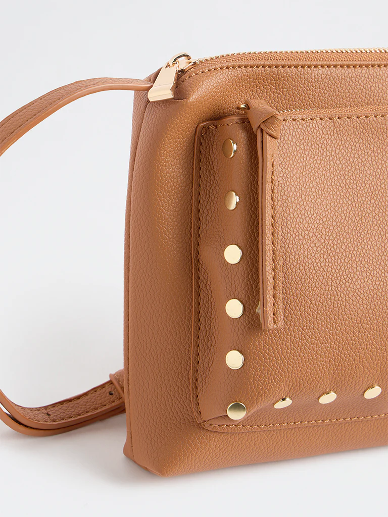 Westside Brown Stud-Detail Textured Sling Bag - Image 3
