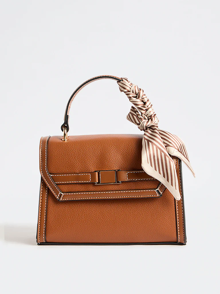 Westside Brown Textured Satchel Bag with a Scarf