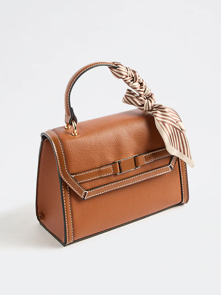 Westside Brown Textured Satchel Bag with a Scarf - Image 2