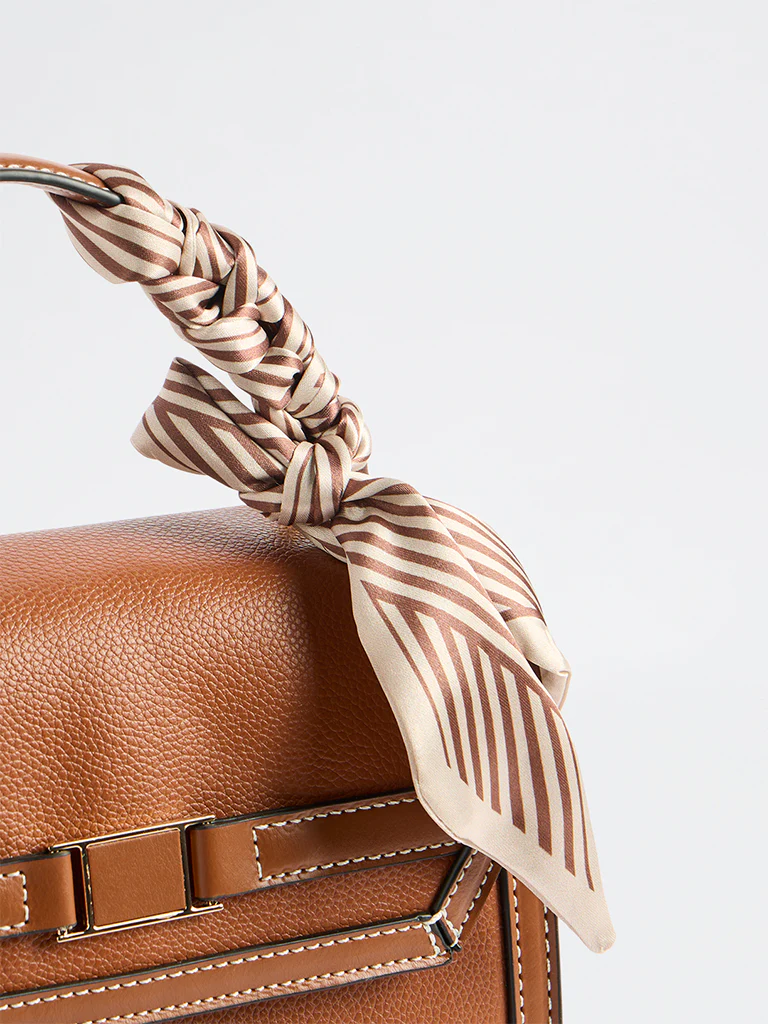 Westside Brown Textured Satchel Bag with a Scarf - Image 3
