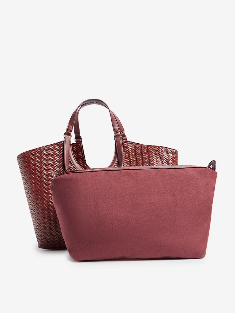 Westside Burgundy Woven Textured Handbag with Pouch - Image 3