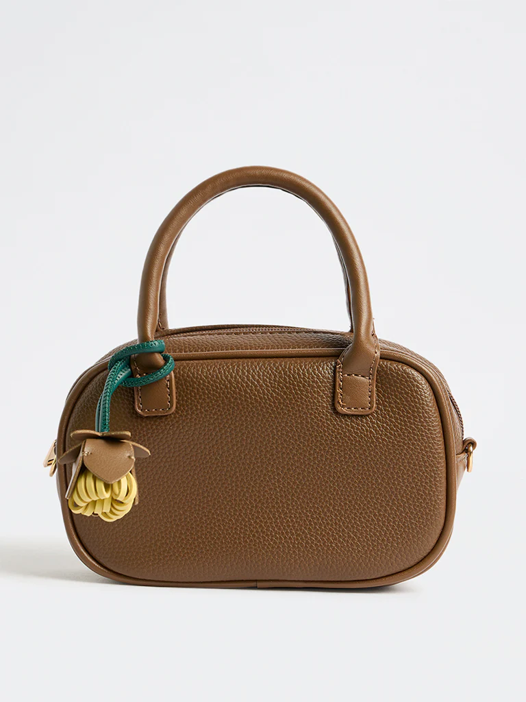 Westside Dark Brown Textured Sling Bag with a Floral Bag Charm