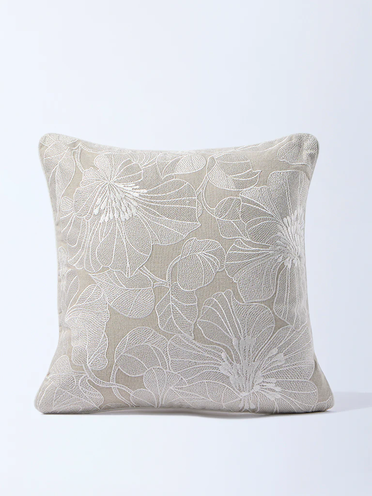 Westside Home Beige Floral Embroidered Cushion Cover