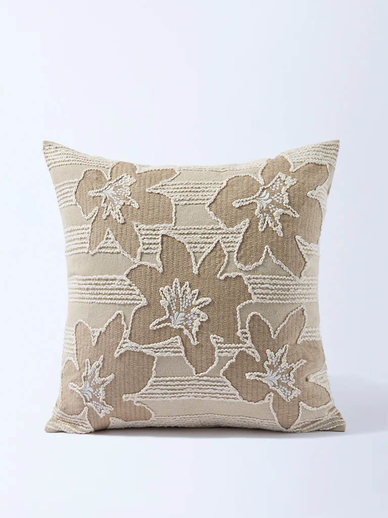 Westside Home Beige Floral Embroidered Cushion Cover