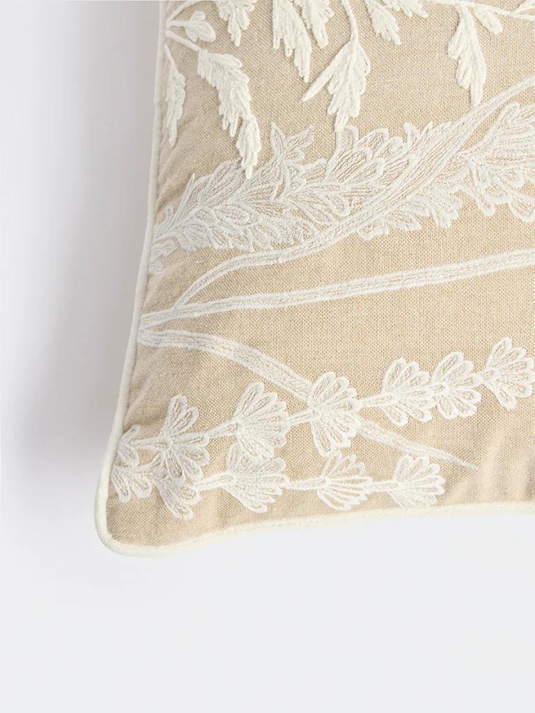 Westside Home Beige Floral Embroidered Cushion Cover - Image 3