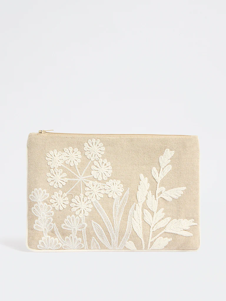 Westside Home Beige Floral Embroidered Pouch