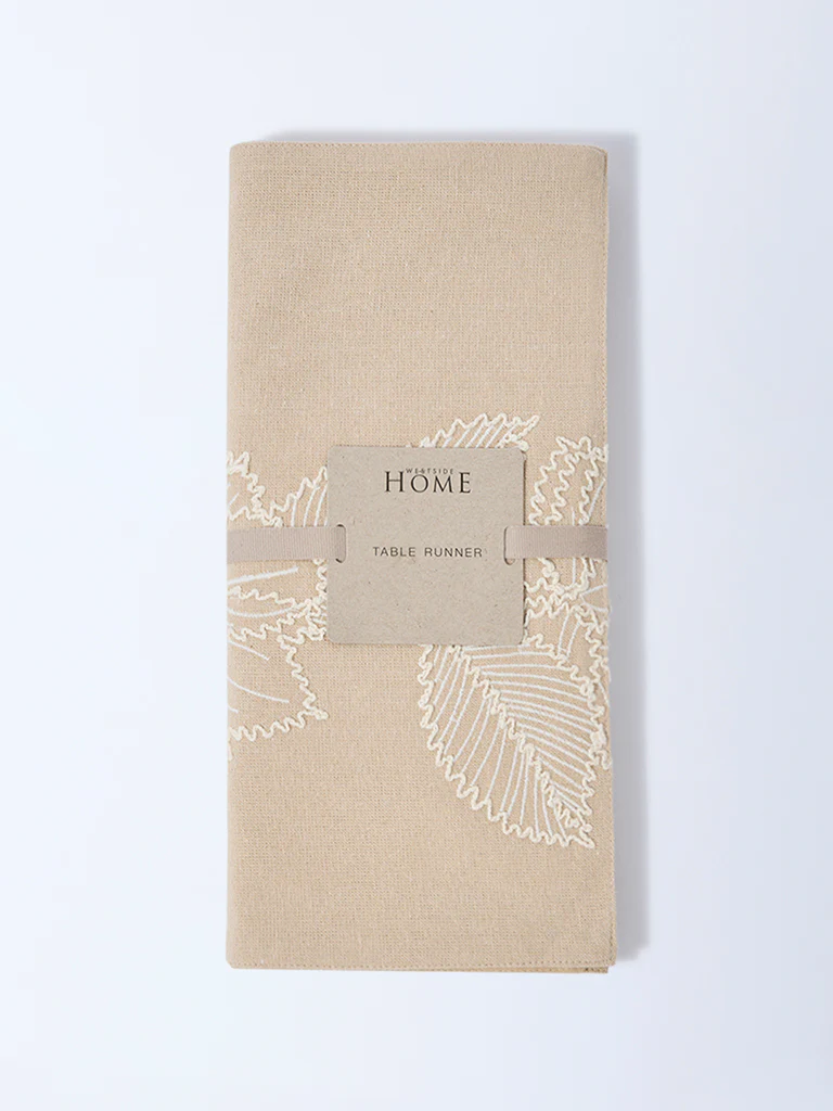 Westside Home Beige Floral Embroidered Table Runner