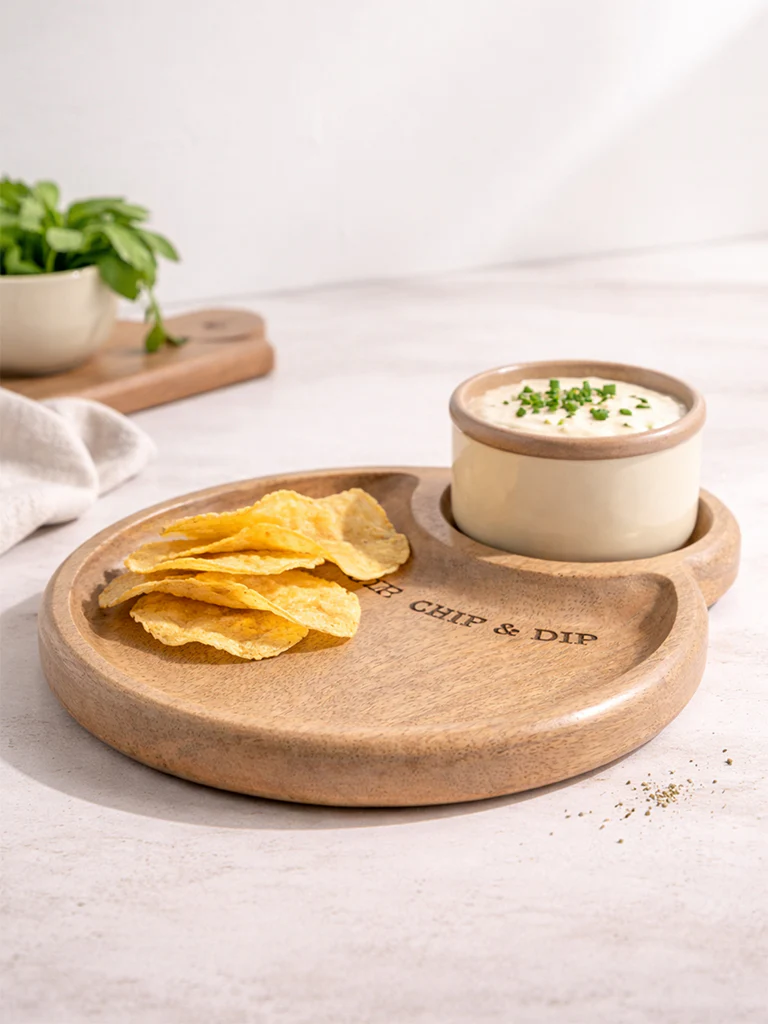 Westside Home Beige Typographic Wooden Chip and Dip Platter
