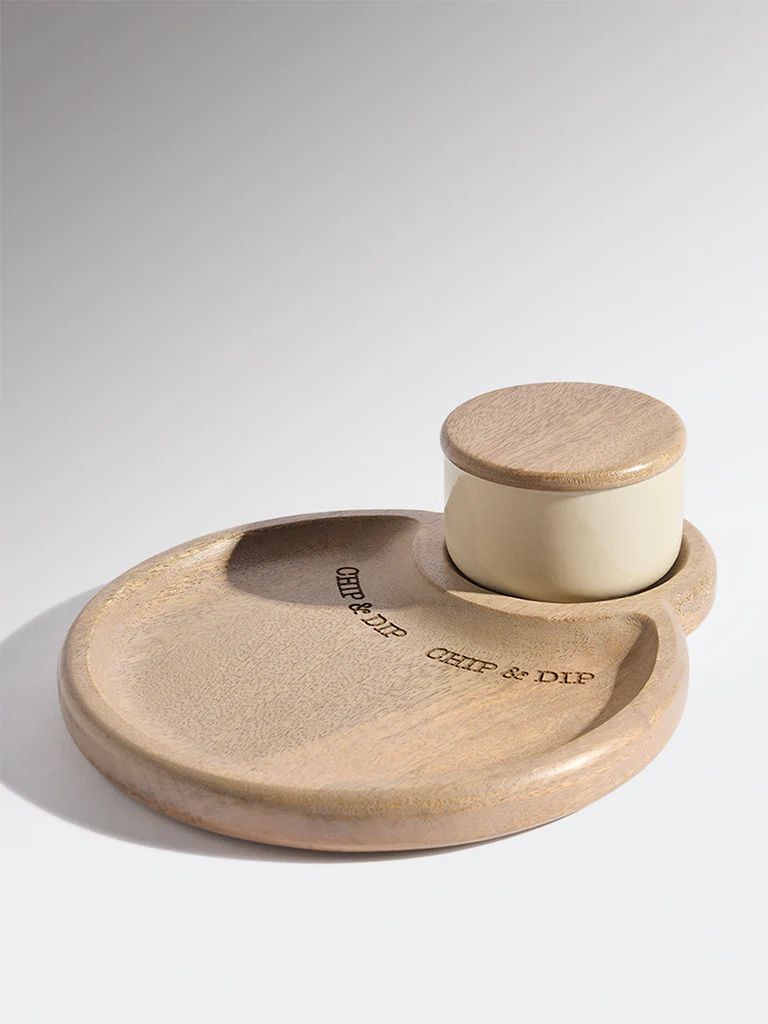 Westside Home Beige Typographic Wooden Chip and Dip Platter - Image 3