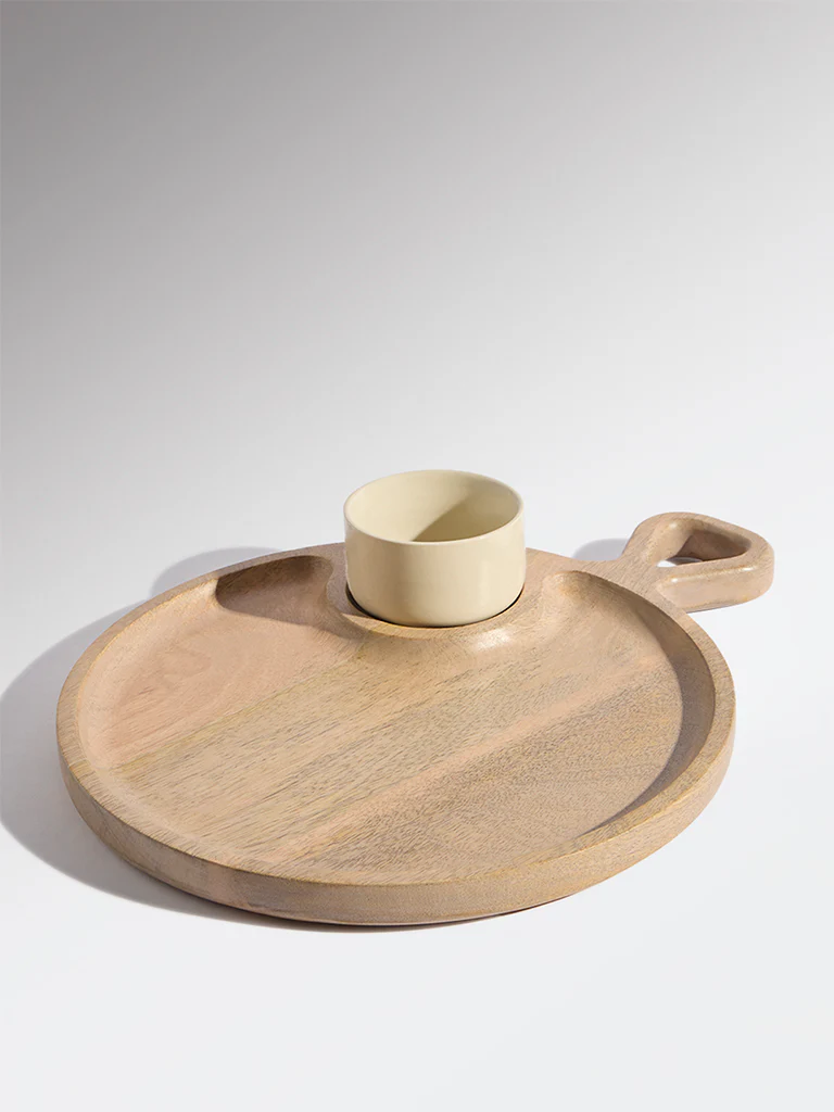 Westside Home Beige Wooden Chip and Dip with Bowl - Image 3