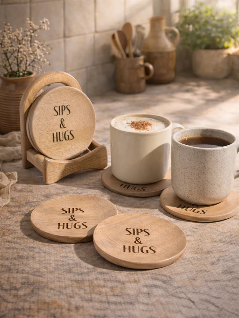 Westside Home Beige Wooden Coasters with Stand (Set of 4)