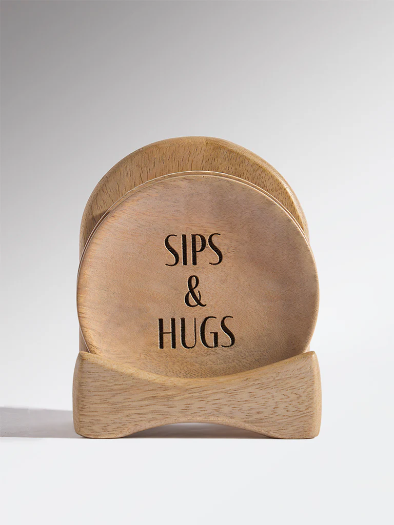 Westside Home Beige Wooden Coasters with Stand (Set of 4) - Image 2