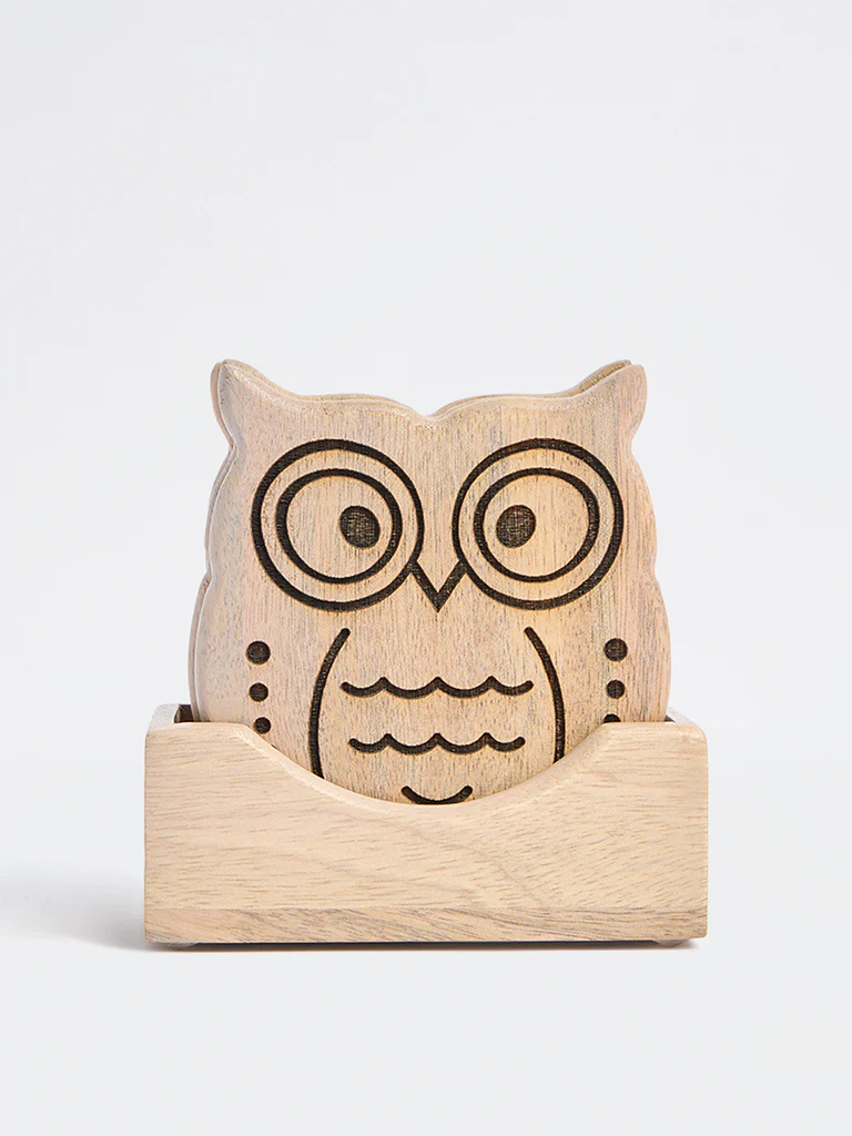 Westside Home Beige Wooden Owl Coasters (Set of 4)