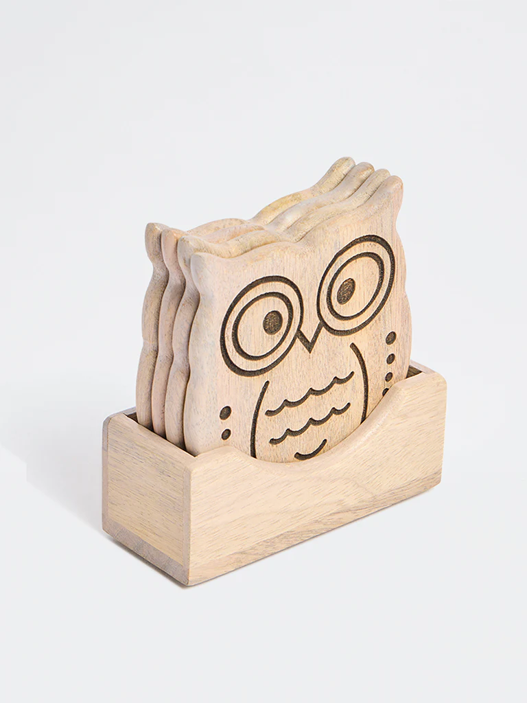 Westside Home Beige Wooden Owl Coasters (Set of 4) - Image 2