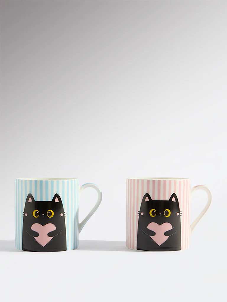 Westside Home Blue and Pink Cat Design Mugs (Set of 2)