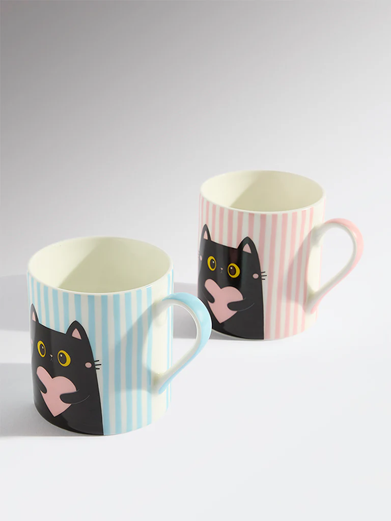 Westside Home Blue and Pink Cat Design Mugs (Set of 2) - Image 2