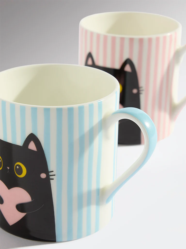 Westside Home Blue and Pink Cat Design Mugs (Set of 2) - Image 3