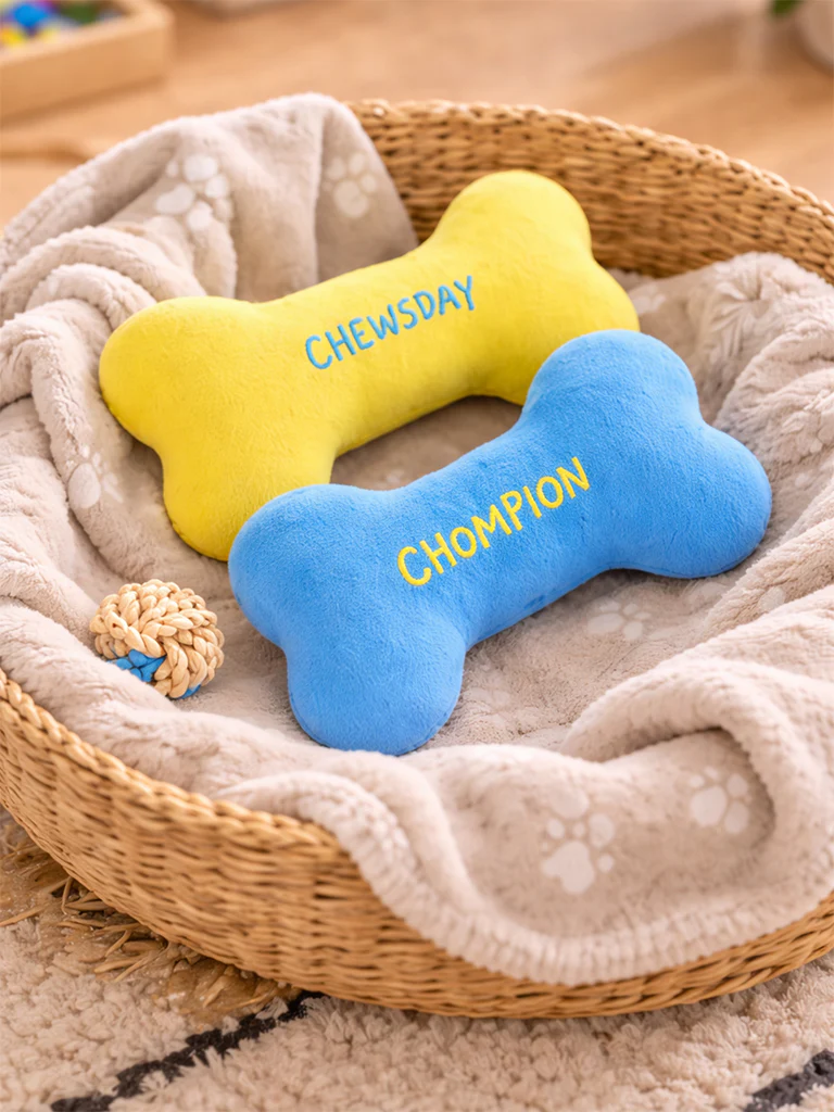 Westside Home Blue And Yellow Bone-Shaped Plush Pet Toys (Set of 2) - Image 2