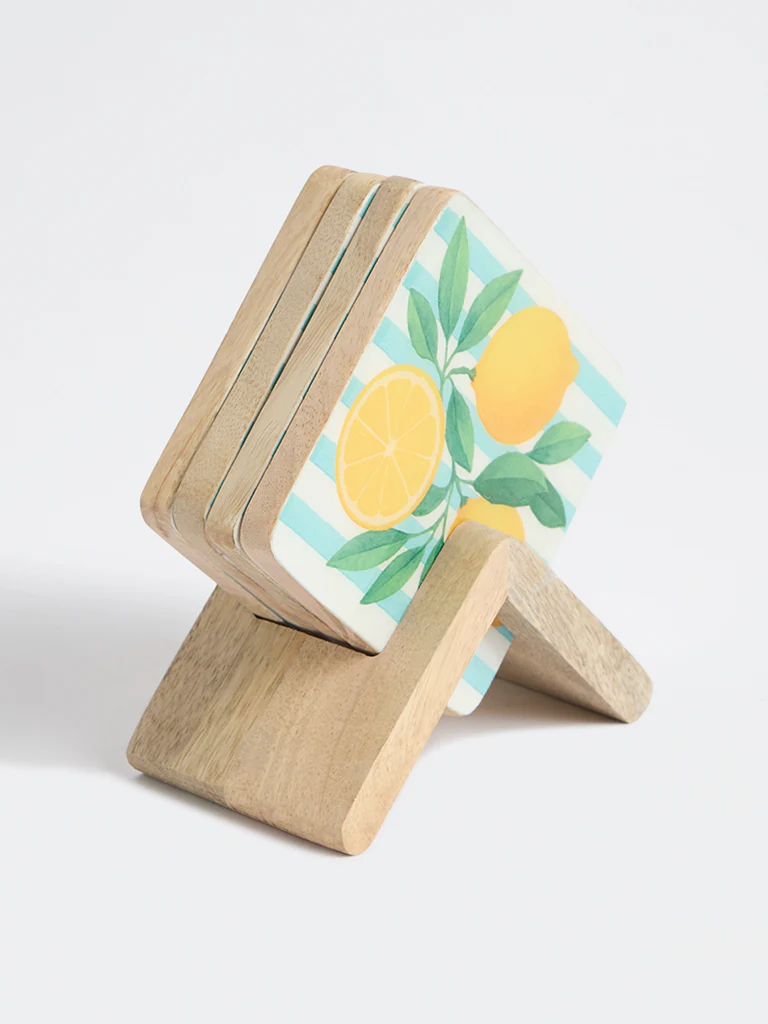 Westside Home Blue and Yellow Lemon Design Wooden Coasters with Stand - (Set of 4) - Image 2