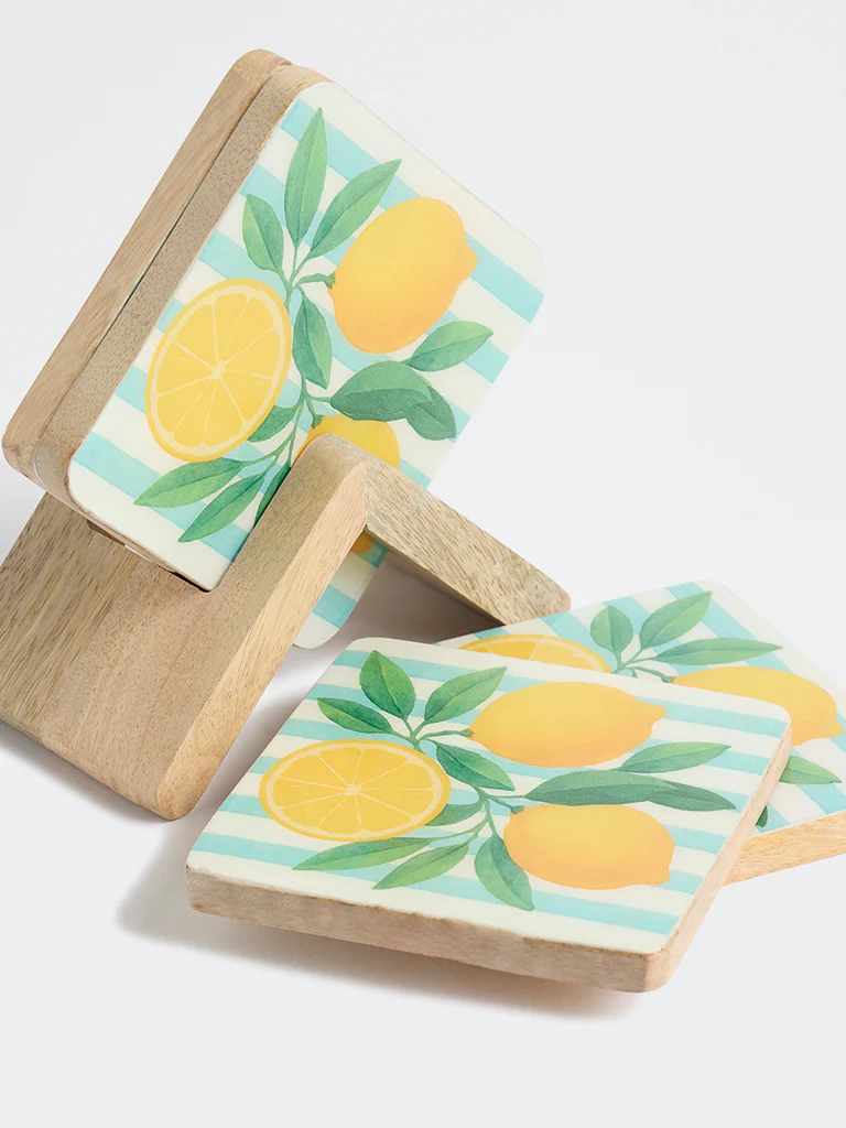 Westside Home Blue and Yellow Lemon Design Wooden Coasters with Stand - (Set of 4) - Image 3