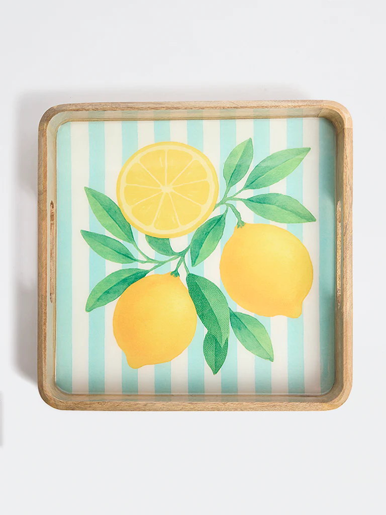 Westside Home Blue and Yellow Lemon Design Wooden Serving Tray