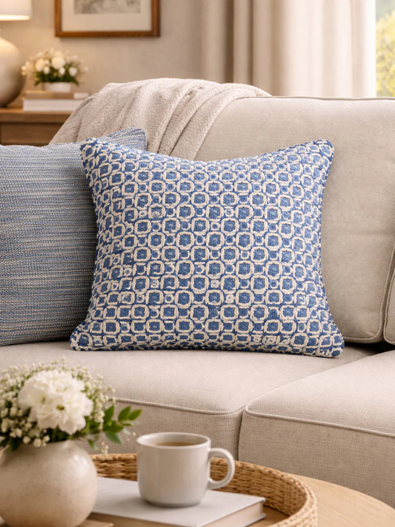 Westside Home Blue Checkered Embroidered Cushion Cover