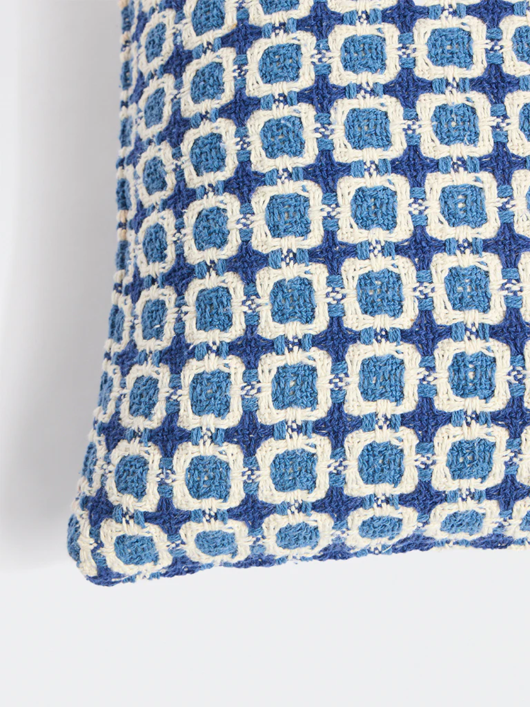 Westside Home Blue Checkered Embroidered Cushion Cover - Image 4