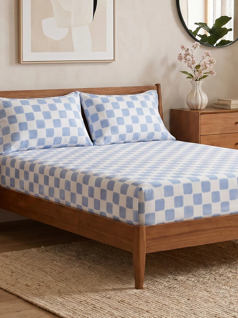Westside Home Blue Checkered Fitted King Bed Sheet Set