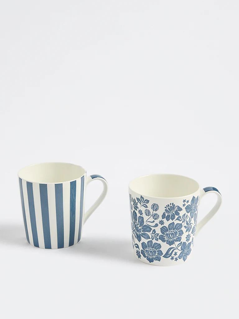 Westside Home Blue Floral And Striped Mugs (Set of 2) - Image 2