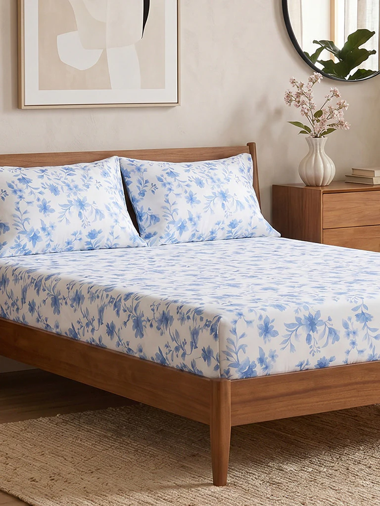 Westside Home Blue Floral Printed King Bed Sheet Set