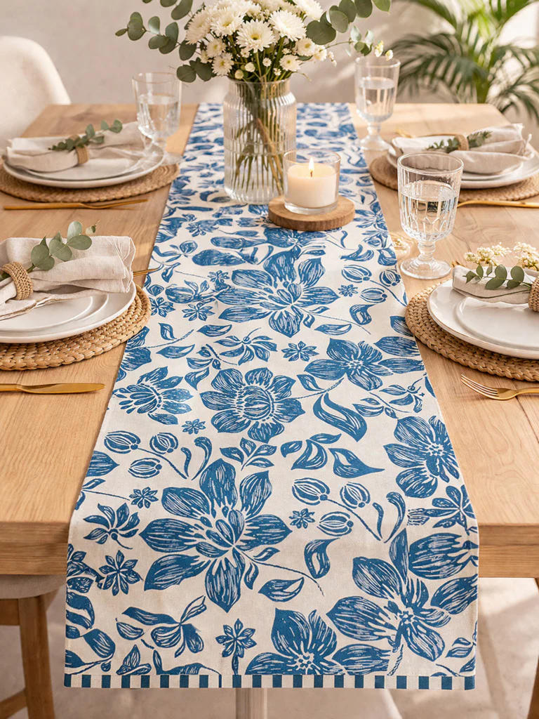 Westside Home Blue Floral Printed Table Runner