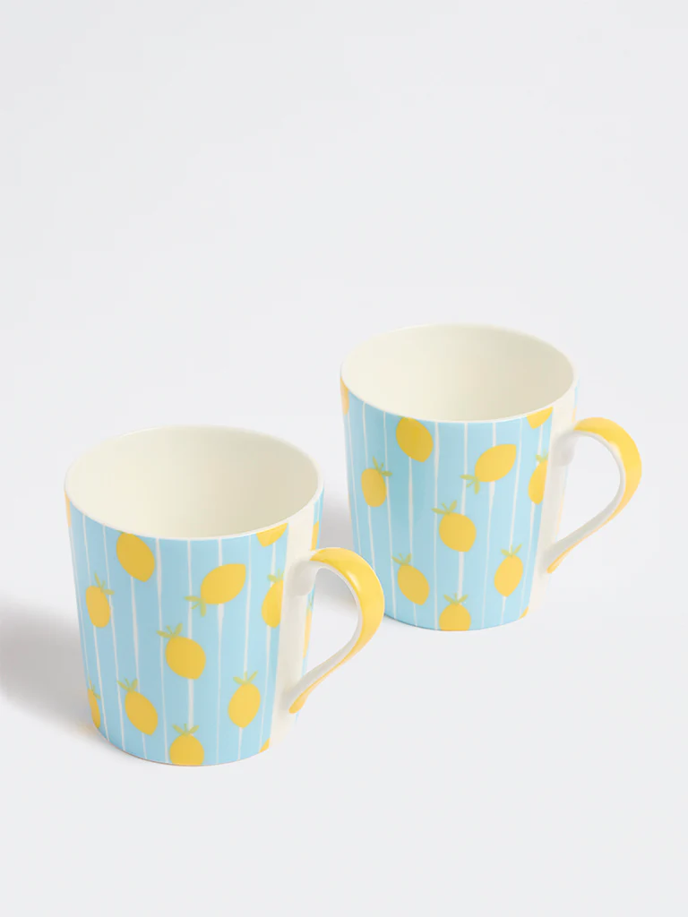 Westside Home Blue Lemon Design Mugs - (Set of 2)