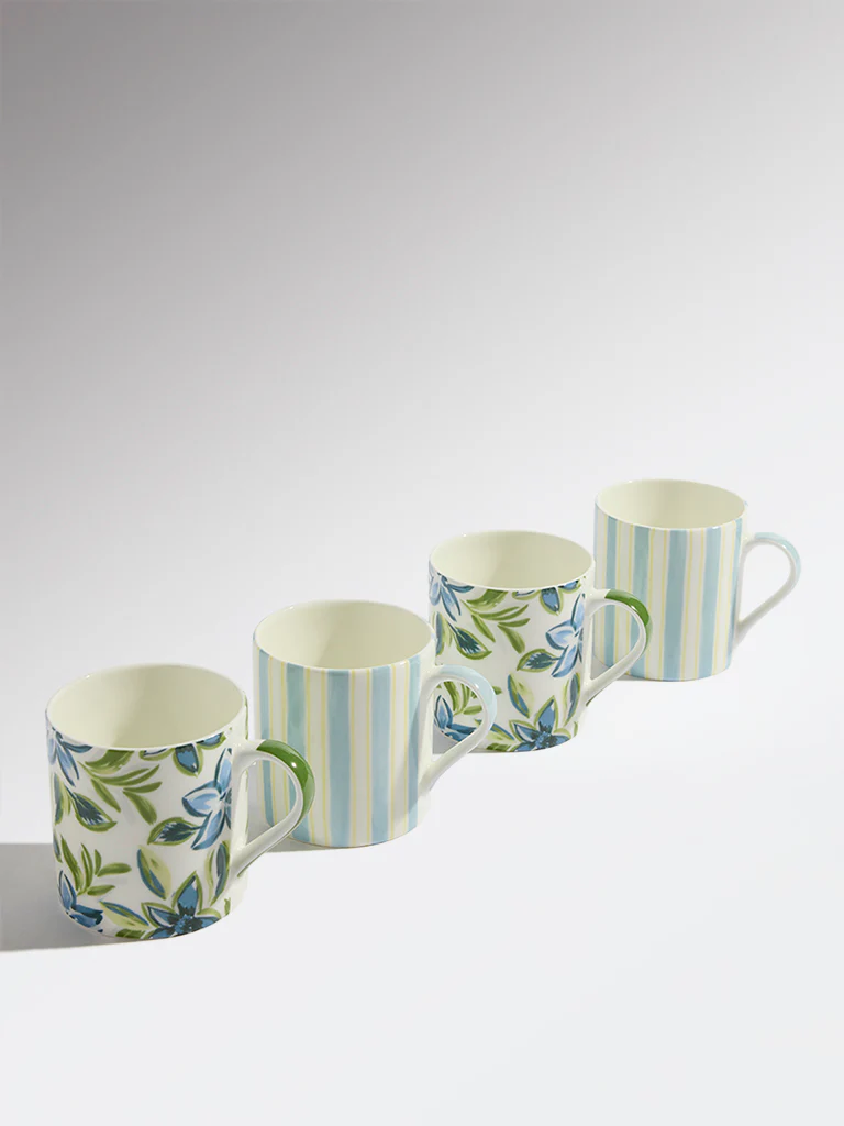 Westside Home Blue Printed Mugs - (Set of 4)